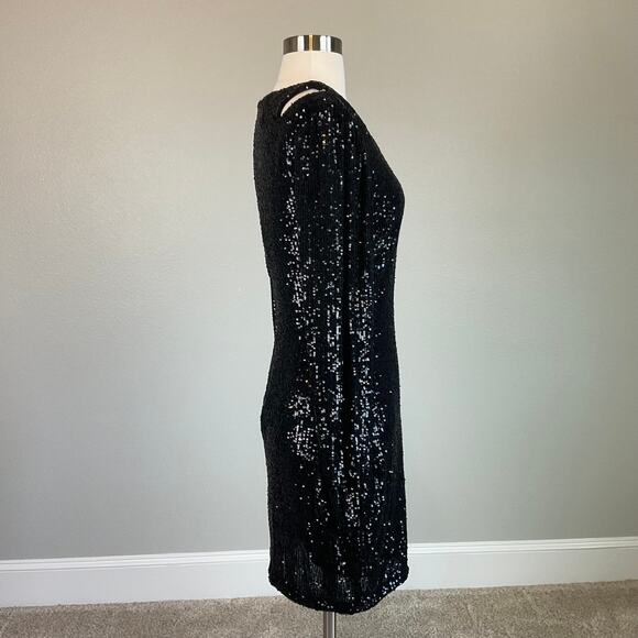 XSCAPE Sequined Long Sleeve Cut Out Mini Sheath Cocktail Dress Black Size 6 - Picture 4 of 10